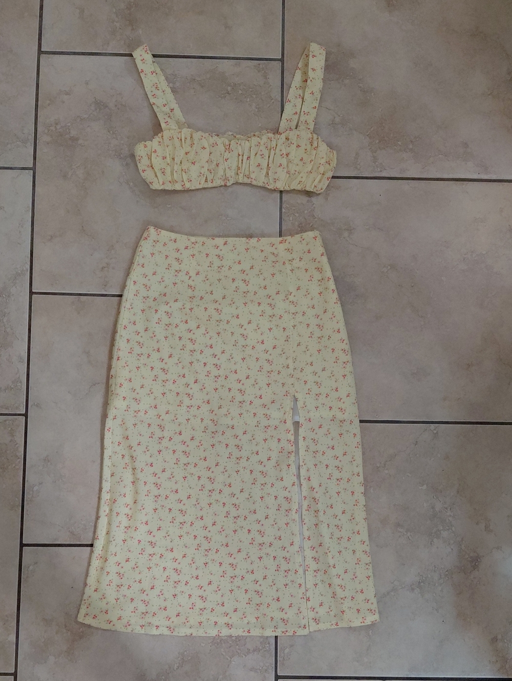 Prince Polly Yellow Floral Midi Skirt with Pink Print and Side Slit